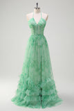 Verde A-Line Halter corsetto floreale volant lungo Abito da cerimonia con fessura