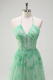 Verde A-Line Halter corsetto floreale volant lungo Abito da cerimonia con fessura