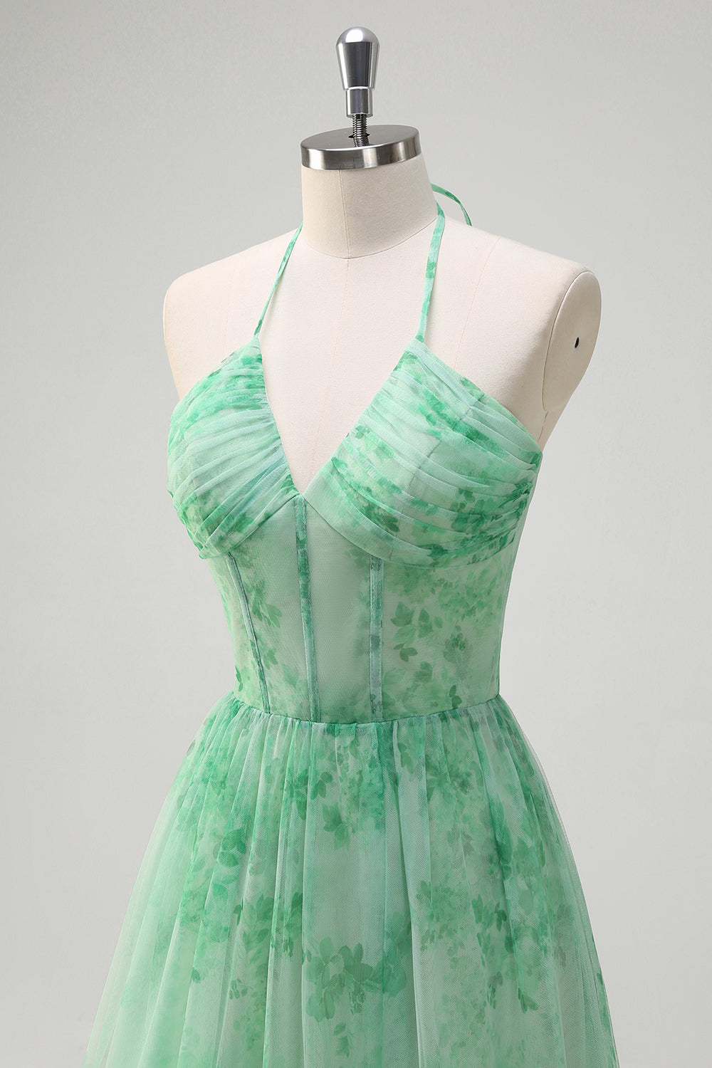 Verde A-Line Halter corsetto floreale volant lungo Abito da cerimonia con fessura