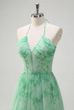Verde A-Line Halter corsetto floreale volant lungo Abito da cerimonia con fessura