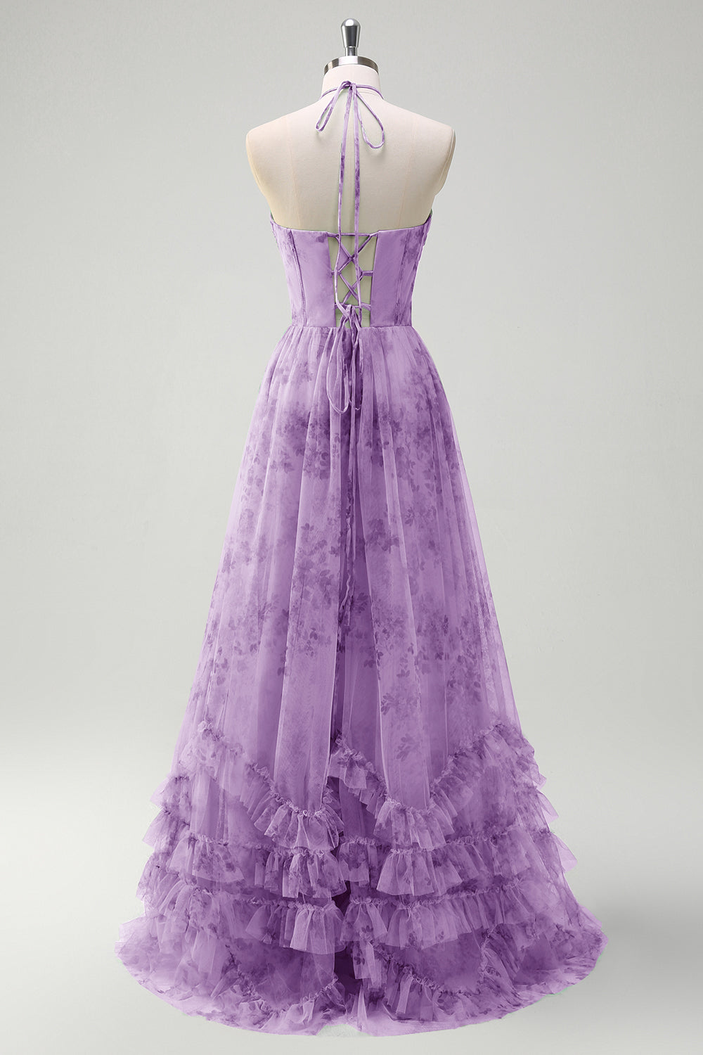 Verde A-Line Halter corsetto floreale volant lungo Abito da cerimonia con fessura