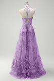 Verde A-Line Halter corsetto floreale volant lungo Abito da cerimonia con fessura