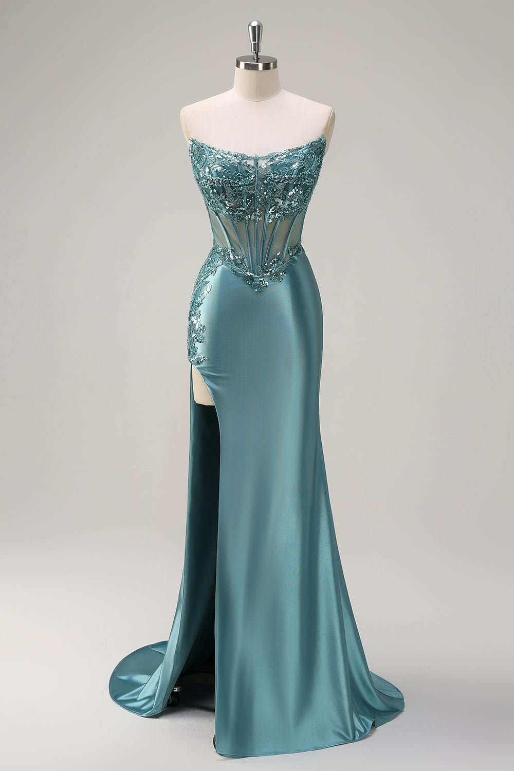 Sparkly grigio blu sirena senza spalline corsetto puro raso lungo Abito da cerimonia con fessura