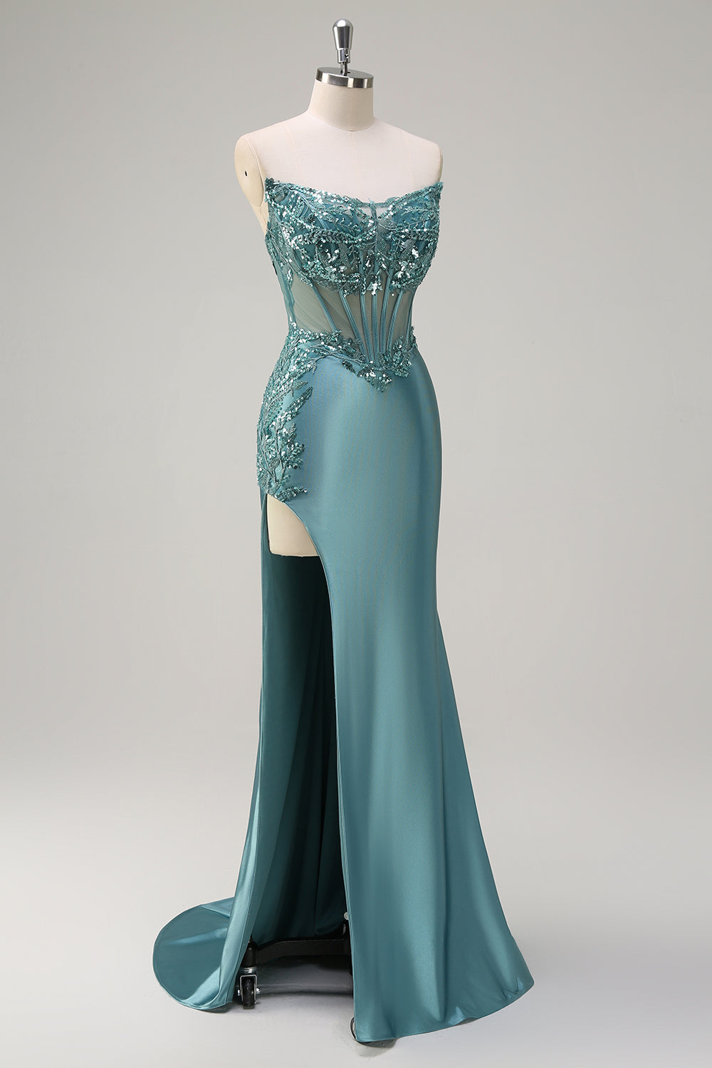 Sparkly grigio blu sirena senza spalline corsetto puro raso lungo Abito da cerimonia con fessura