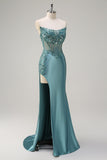 Sparkly grigio blu sirena senza spalline corsetto puro raso lungo Abito da cerimonia con fessura