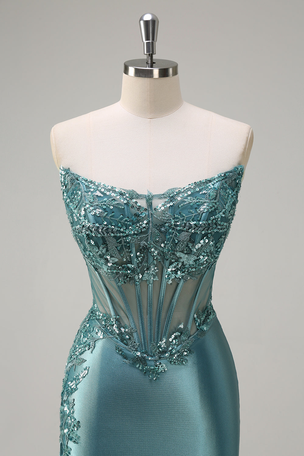 Sparkly grigio blu sirena senza spalline corsetto puro raso lungo Abito da cerimonia con fessura