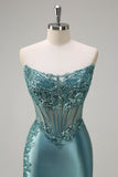 Sparkly grigio blu sirena senza spalline corsetto puro raso lungo Abito da cerimonia con fessura
