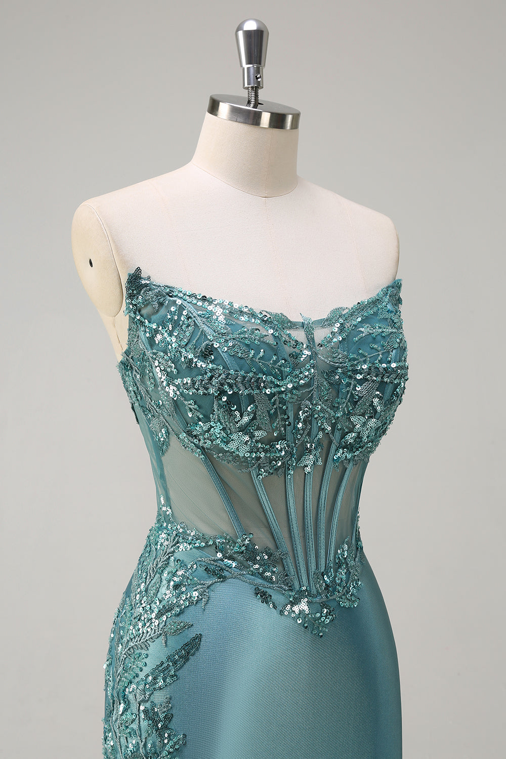 Sparkly grigio blu sirena senza spalline corsetto puro raso lungo Abito da cerimonia con fessura