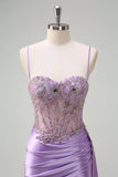 Viola sirena Watteau treno puro increspato corsetto lungo Abito da cerimonia con fessura