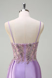 Viola sirena Watteau treno puro increspato corsetto lungo Abito da cerimonia con fessura