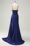 Navy Mermaid Spaghetti Straps Increspato Streamer Abito lungo da cerimonia con pizzo