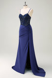 Navy Mermaid Spaghetti Straps Increspato Streamer Abito lungo da cerimonia con pizzo