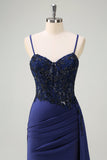 Navy Mermaid Spaghetti Straps Increspato Streamer Abito lungo da cerimonia con pizzo