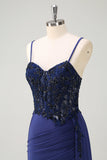 Navy Mermaid Spaghetti Straps Increspato Streamer Abito lungo da cerimonia con pizzo