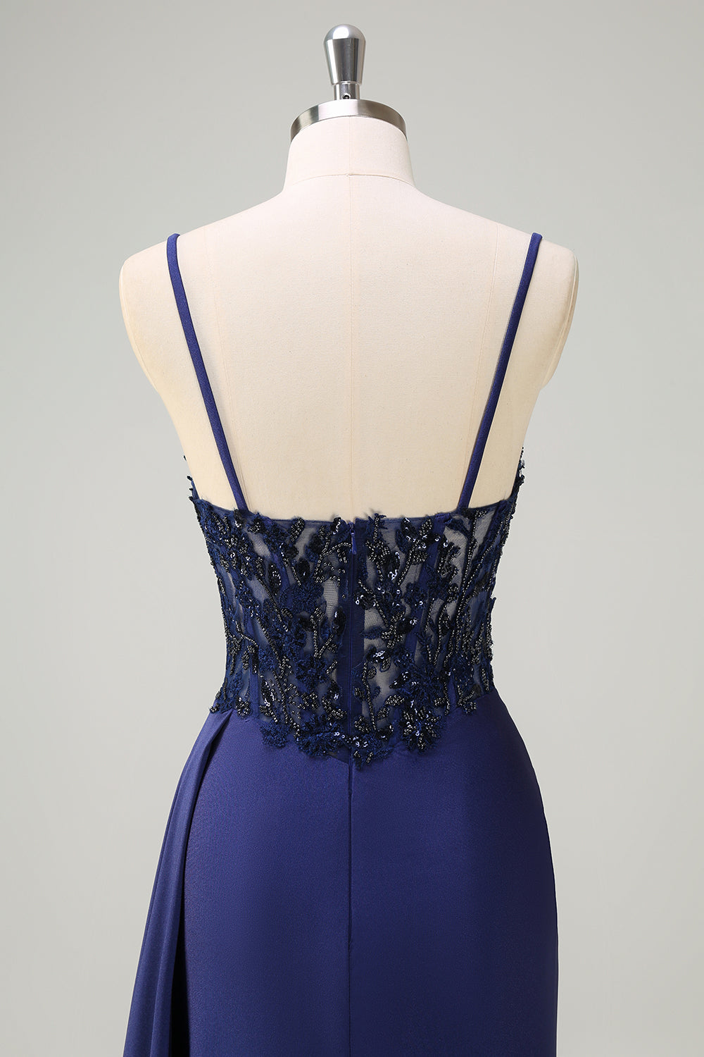 Navy Mermaid Spaghetti Straps Increspato Streamer Abito lungo da cerimonia con pizzo