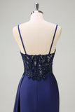 Navy Mermaid Spaghetti Straps Increspato Streamer Abito lungo da cerimonia con pizzo