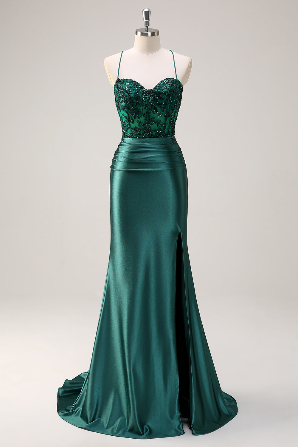 Scintillante verde scuro sirena capestro corsetto lungo Abito da cerimonia con fessura