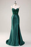 Scintillante verde scuro sirena capestro corsetto lungo Abito da cerimonia con fessura