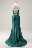 Scintillante verde scuro sirena capestro corsetto lungo Abito da cerimonia con fessura