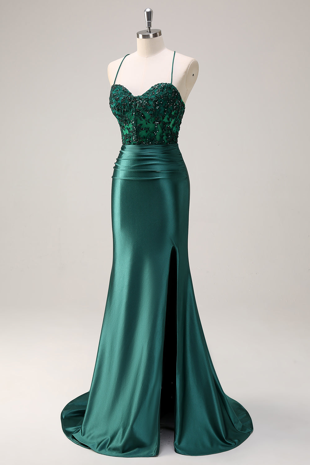 Scintillante verde scuro sirena capestro corsetto lungo Abito da cerimonia con fessura