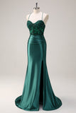 Scintillante verde scuro sirena capestro corsetto lungo Abito da cerimonia con fessura