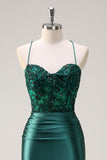 Scintillante verde scuro sirena capestro corsetto lungo Abito da cerimonia con fessura