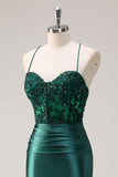 Scintillante verde scuro sirena capestro corsetto lungo Abito da cerimonia con fessura