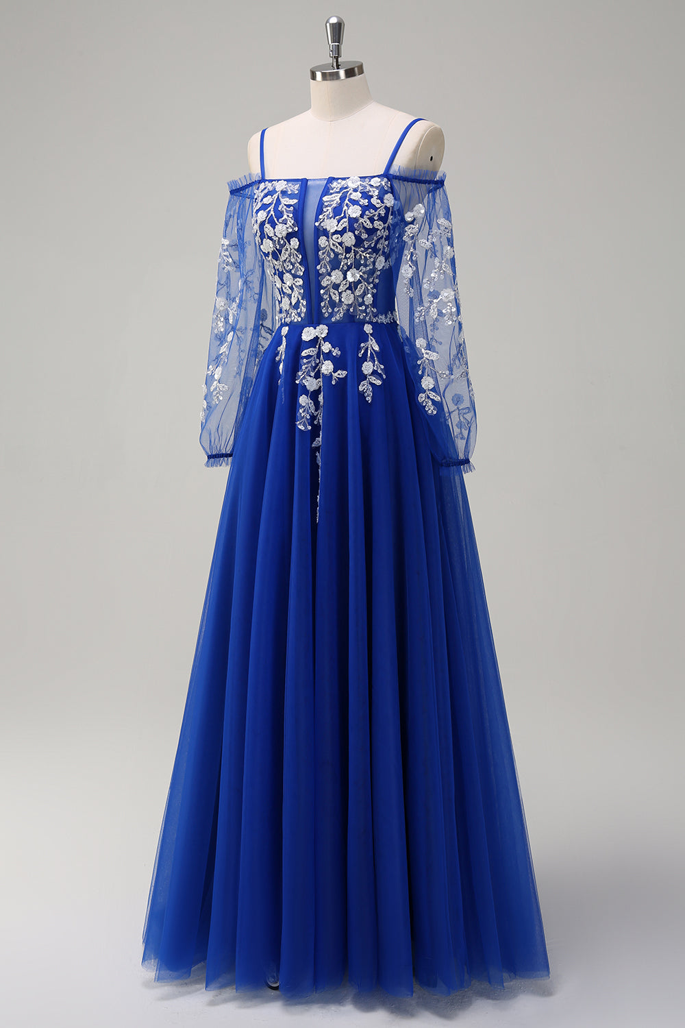 Sparkly Royal Blue A-Line Cold Shoulder maniche lunghe Abito da cerimonia lungo con applique