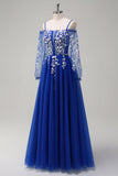 Sparkly Royal Blue A-Line Cold Shoulder maniche lunghe Abito da cerimonia lungo con applique