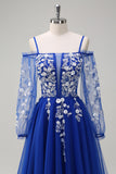 Sparkly Royal Blue A-Line Cold Shoulder maniche lunghe Abito da cerimonia lungo con applique
