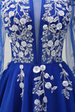 Sparkly Royal Blue A-Line Cold Shoulder maniche lunghe Abito da cerimonia lungo con applique