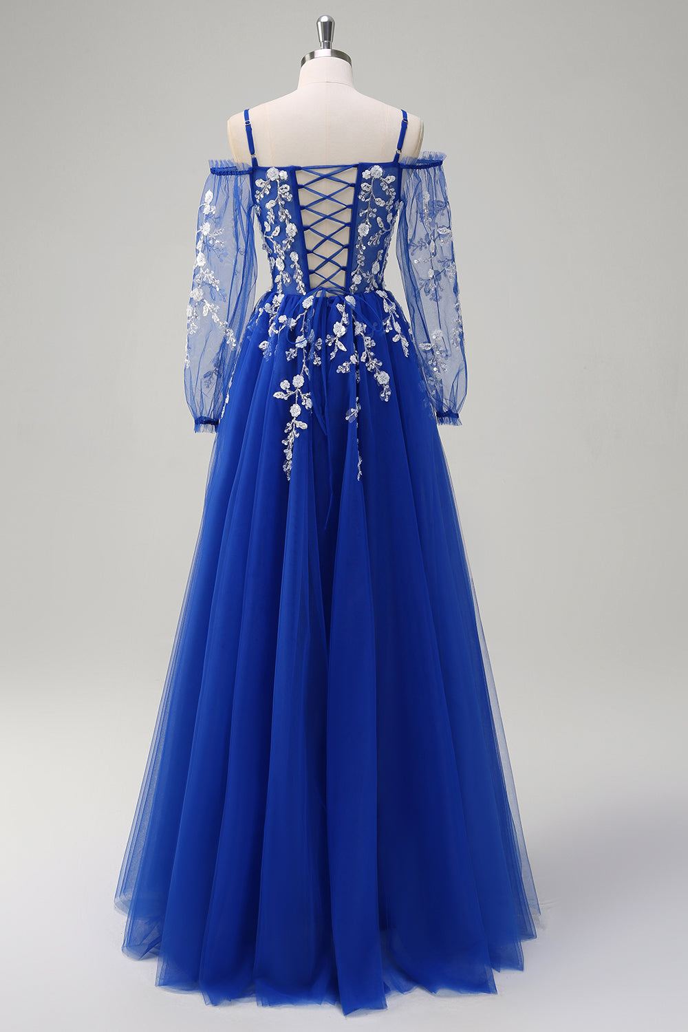 Royal Blue A-Line Cold Shoulder paillettes Applique Abito lungo da cerimonia con fessura in tulle