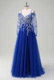Royal Blue A-Line Cold Shoulder paillettes Applique Abito lungo da cerimonia con fessura in tulle