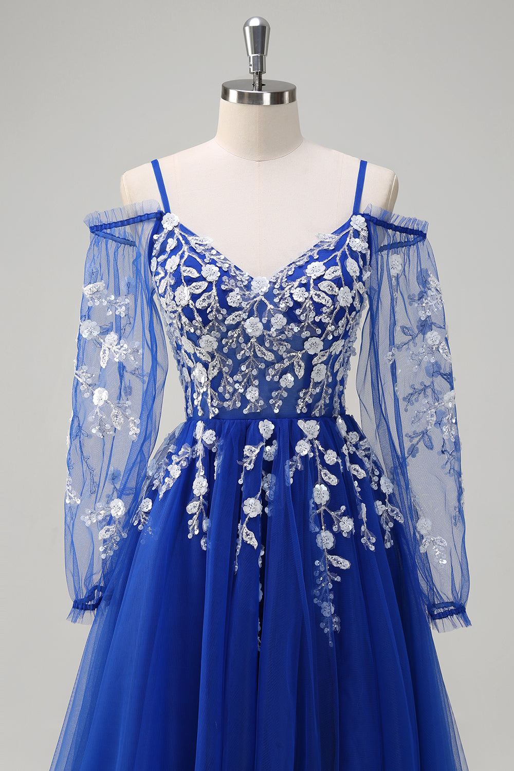 Royal Blue A-Line Cold Shoulder paillettes Applique Abito lungo da cerimonia con fessura in tulle