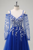 Royal Blue A-Line Cold Shoulder paillettes Applique Abito lungo da cerimonia con fessura in tulle