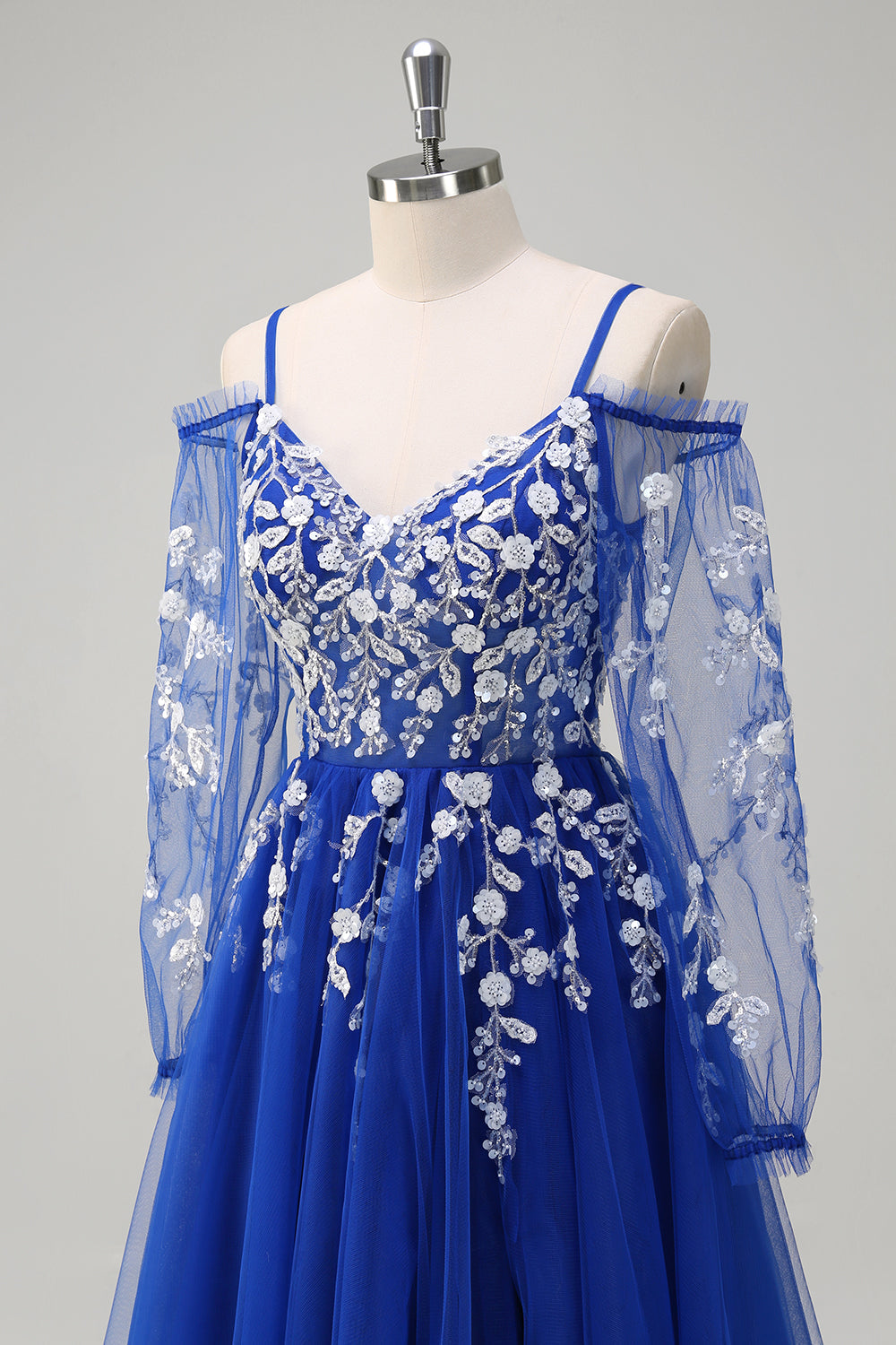 Royal Blue A-Line Cold Shoulder paillettes Applique Abito lungo da cerimonia con fessura in tulle