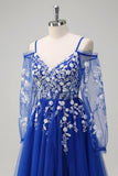 Royal Blue A-Line Cold Shoulder paillettes Applique Abito lungo da cerimonia con fessura in tulle