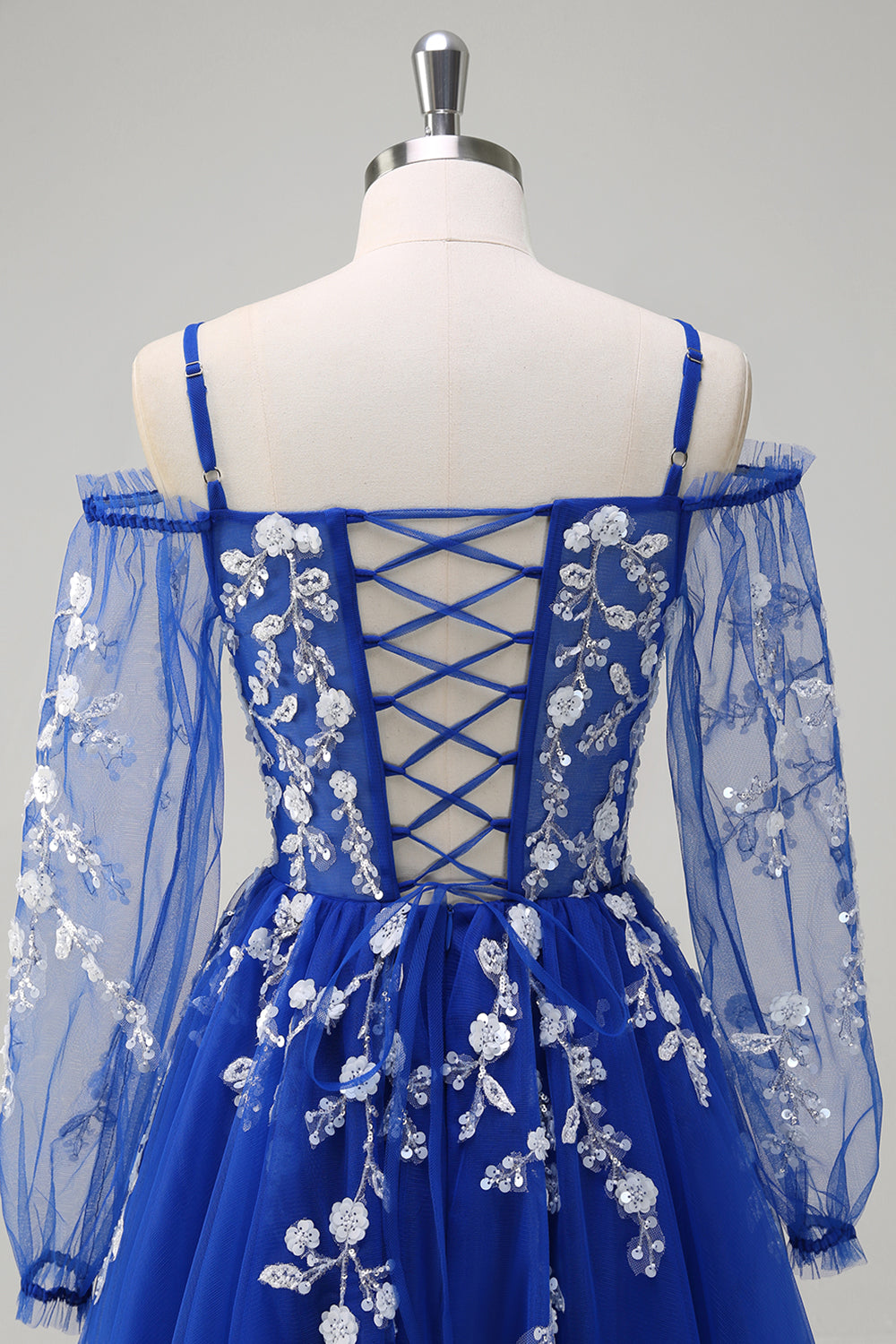 Royal Blue A-Line Cold Shoulder paillettes Applique Abito lungo da cerimonia con fessura in tulle
