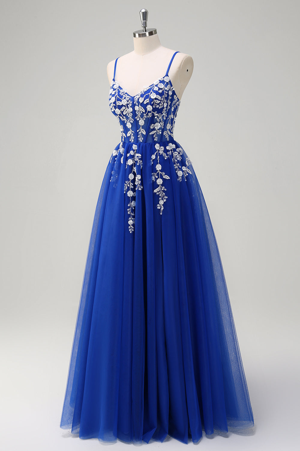 Royal Blue A-Line Spaghetti Straps Applique paillettes Abito da cerimonia con fessura
