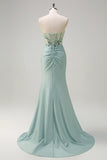 Sparkly grigio verde sirena senza spalline paillettes corsetto increspato lungo Abito da cerimonia con fessura