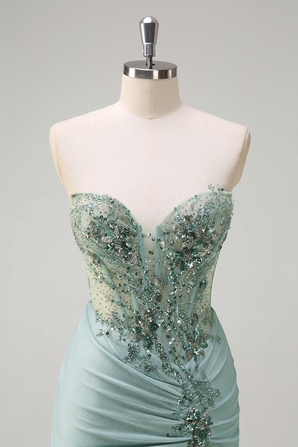 Sparkly grigio verde sirena senza spalline paillettes corsetto increspato lungo Abito da cerimonia con fessura