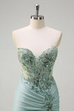 Sparkly grigio verde sirena senza spalline paillettes corsetto increspato lungo Abito da cerimonia con fessura