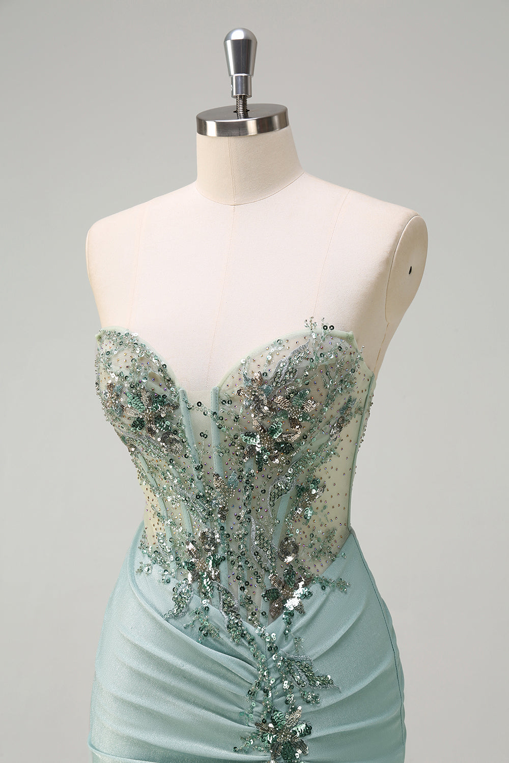 Sparkly grigio verde sirena senza spalline paillettes corsetto increspato lungo Abito da cerimonia con fessura