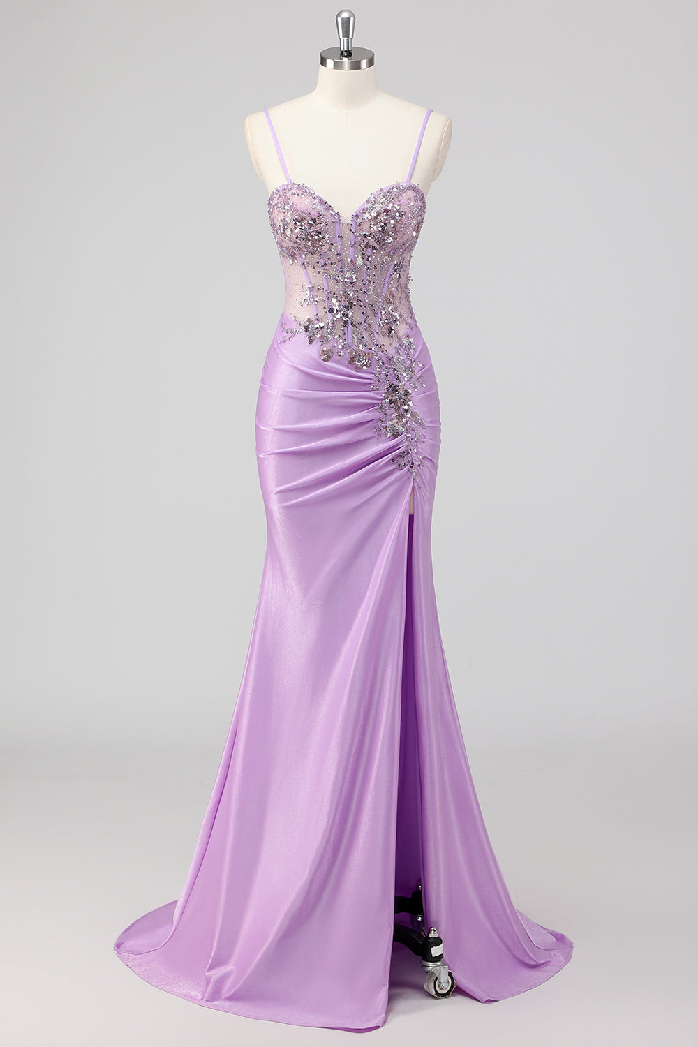 Sparkly grigio verde sirena senza spalline paillettes corsetto increspato lungo Abito da cerimonia con fessura