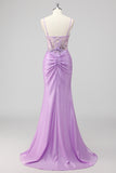 Sparkly grigio verde sirena senza spalline paillettes corsetto increspato lungo Abito da cerimonia con fessura