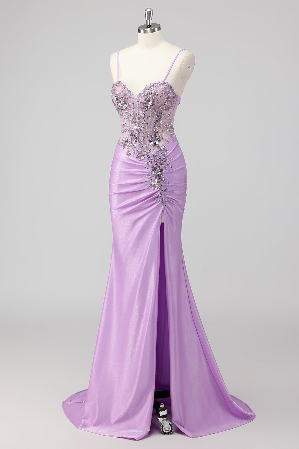 Sparkly grigio verde sirena senza spalline paillettes corsetto increspato lungo Abito da cerimonia con fessura