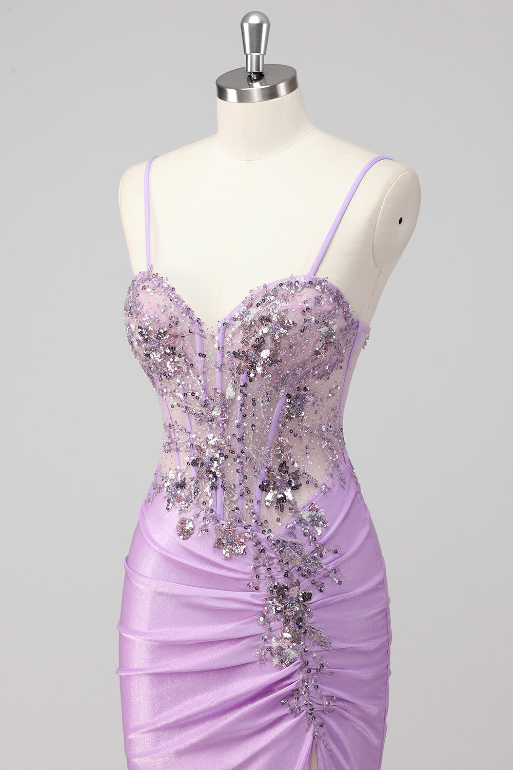 Sparkly grigio verde sirena senza spalline paillettes corsetto increspato lungo Abito da cerimonia con fessura