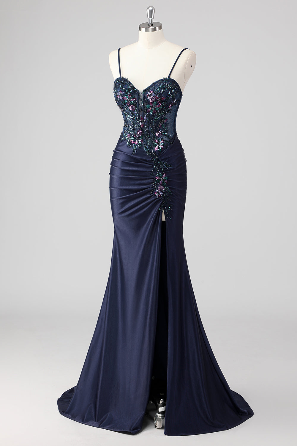 Sparkly grigio verde sirena senza spalline paillettes corsetto increspato lungo Abito da cerimonia con fessura