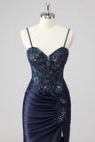 Sparkly grigio verde sirena senza spalline paillettes corsetto increspato lungo Abito da cerimonia con fessura