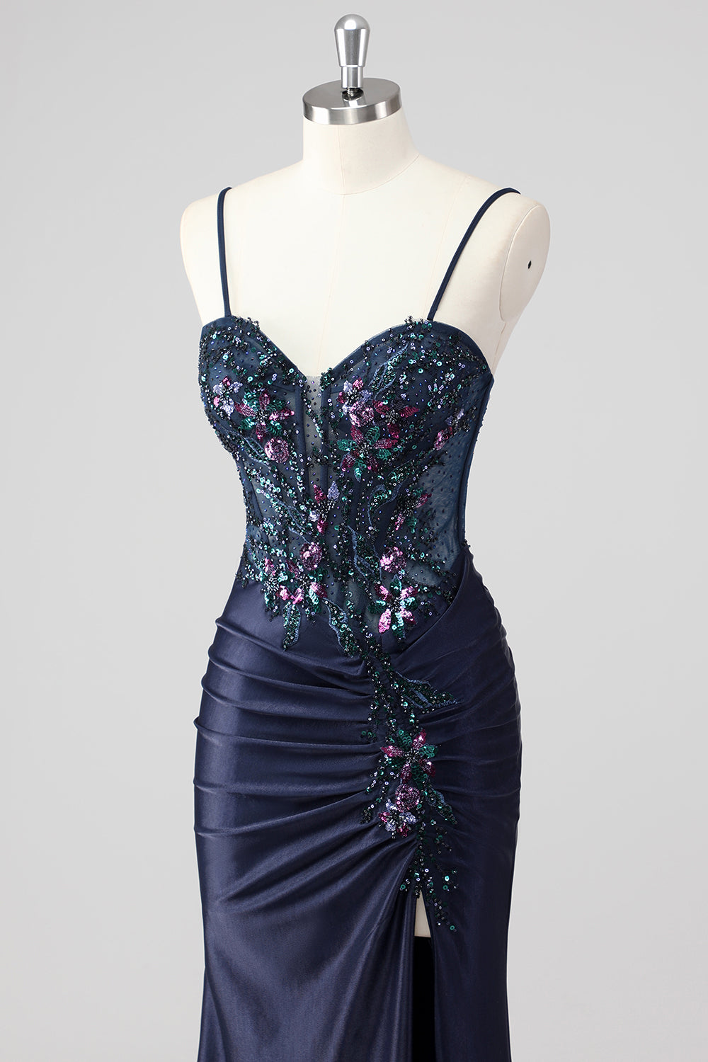 Sparkly grigio verde sirena senza spalline paillettes corsetto increspato lungo Abito da cerimonia con fessura
